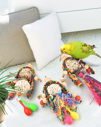 Bissap 3PCS Bird Parrot Foraging Shredder Hanging Toys Sola Balls with Sand Hammer for Small