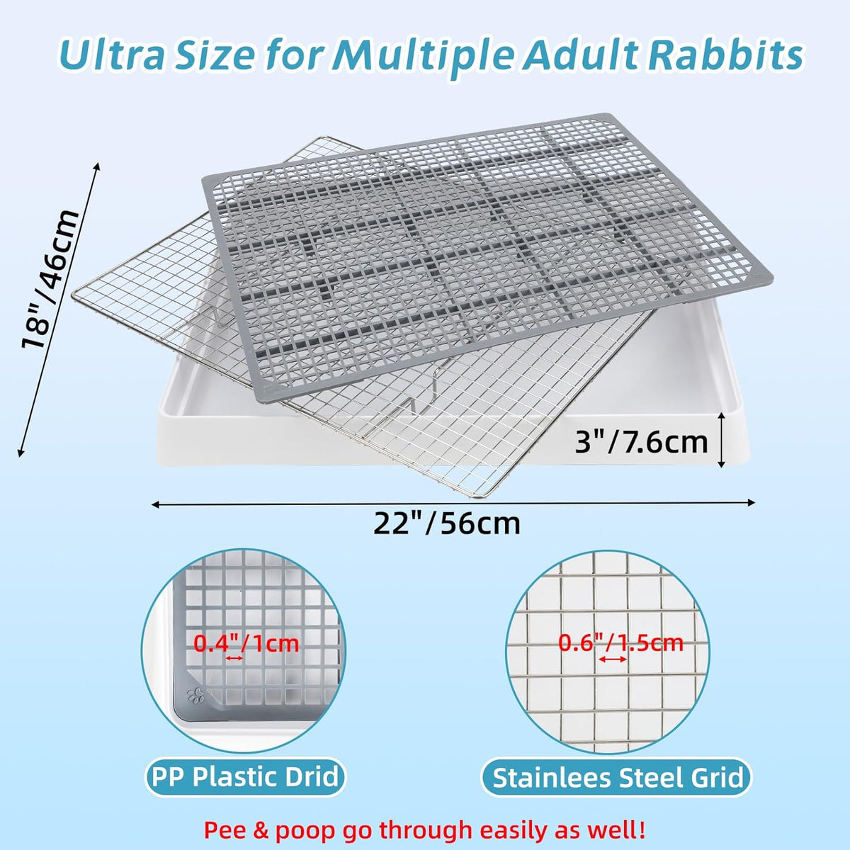 FHTONGE Extra Large Rabbit Litter Box with Large Steel Grid Holes, Bunny Potty Trainer Tray for