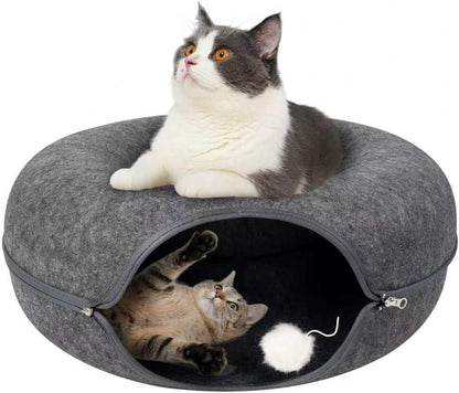 Pawise Peekaboo Cat Cave Donut Tunnel Bed, Cat Tunnel Bed,Bonus Separate Pom-Pom Bell Toy (Not