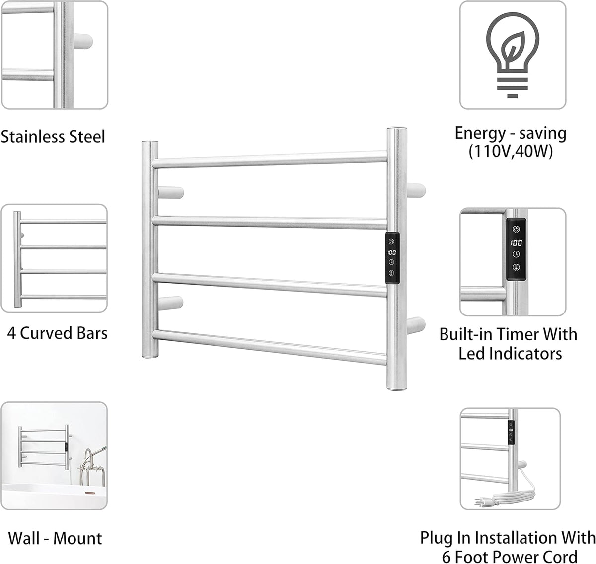 KEG Smart WiFi Towel Warmer Wall Mounted with Built-in Timer and Temperature Adjust Control, 4 Bars