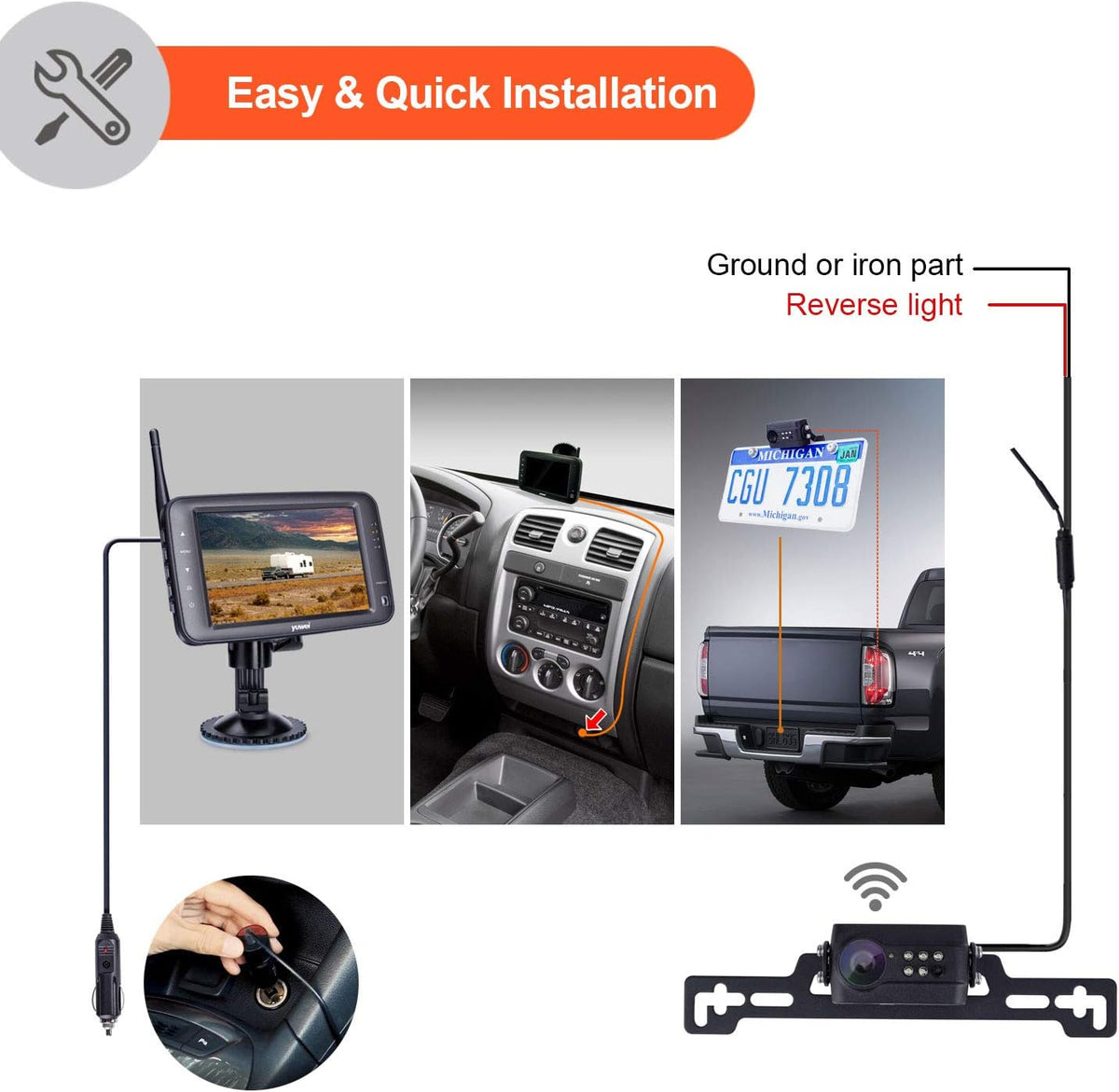 Wireless Backup Camera System, IP69 Waterproof Wireless License Plate Rear View Camera, Night