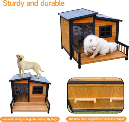 Large Indoor Outdoor Dog House,Wood Insulated Dog House,Weatherproof Outside Shelter with Elevated