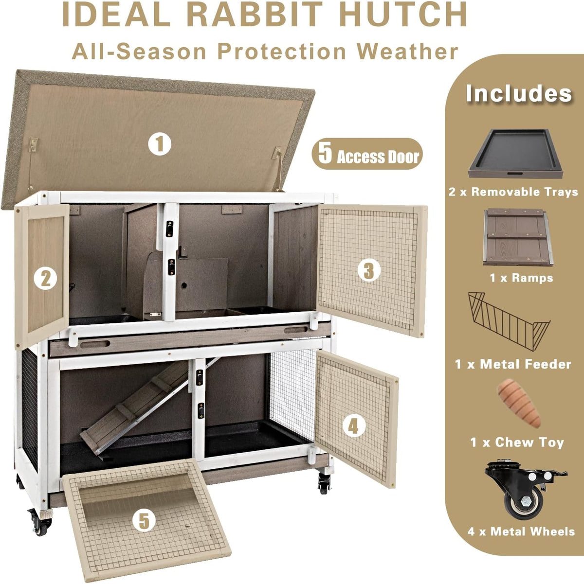 36" L Rabbit Hutch Indoor with 4 Metal Wheels, 2-Story Wooden Bunny Hutch Outdoor Bunny Cage, 2