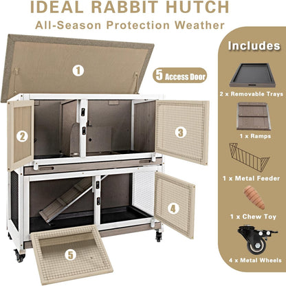 36" L Rabbit Hutch Indoor with 4 Metal Wheels, 2-Story Wooden Bunny Hutch Outdoor Bunny Cage, 2