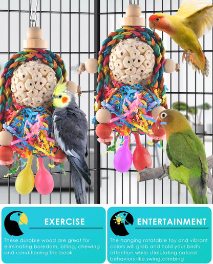 Bissap Conure Toys, 2PCS Bird Parrot Foraging Shredder Hanging Toys Sola Balls with Sand Hammer for