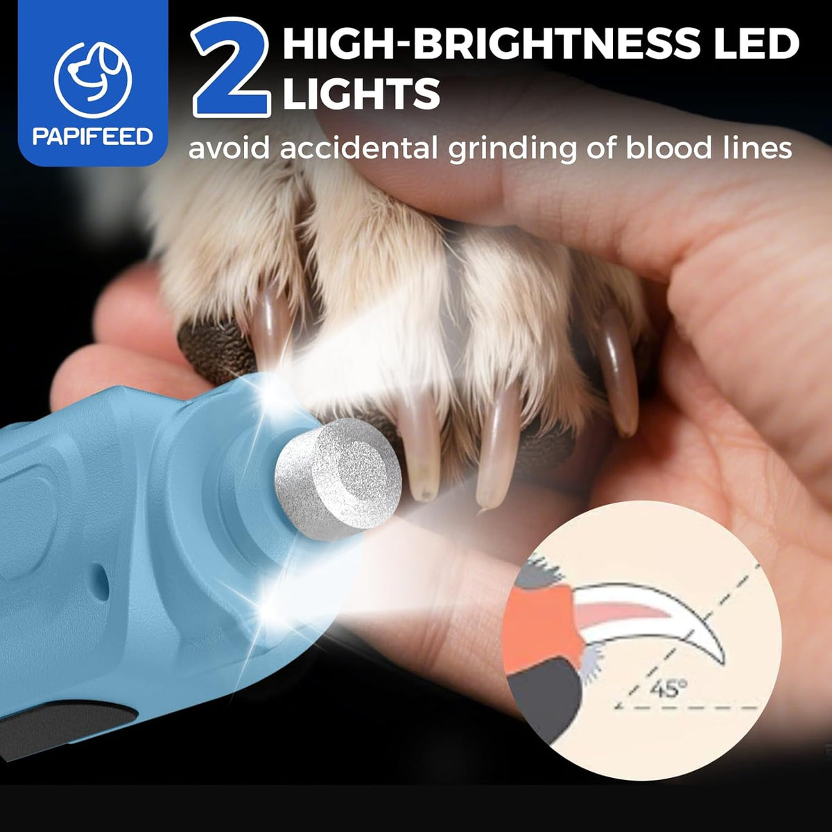 PAPIFEED High Torque Dog Nail Grinder Quiet - 6-Speed Adjustable Pet Nail Trimmer with 2 LED Lights