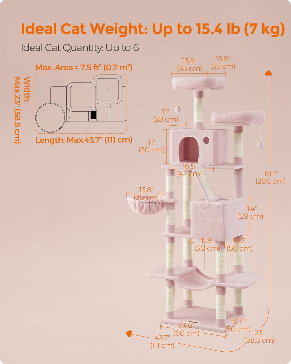 Feandrea Cat Tree, 81.1-Inch Large Cat Tower with 13 Scratching Posts, 2 Perches, 2 Caves, Basket