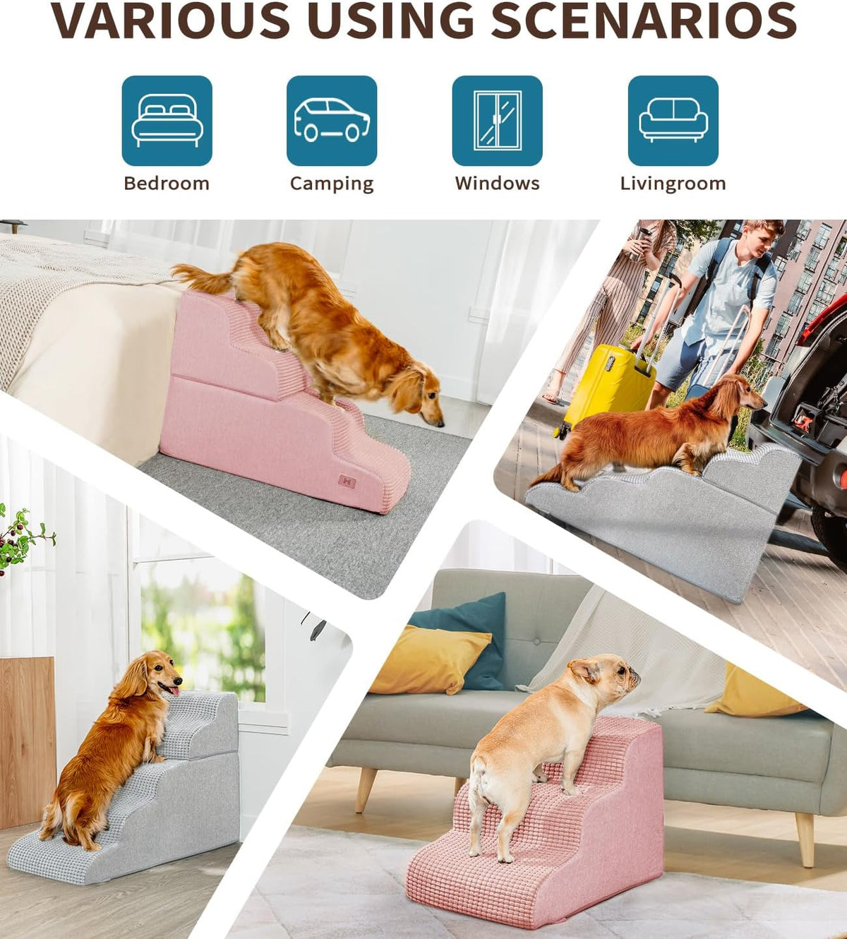 Dog Step for Bed, Dog Stair 3-Step 35D Pet Stair 15.7" H for High Bed or Sofa Non-Slip Balanced Pet