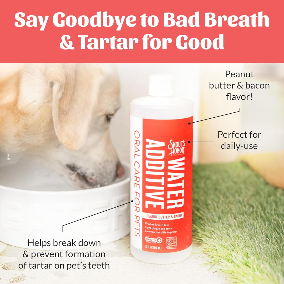 SKOUT'S HONOR Peanut Butter & Bacon Water Additive - VOHC Accepted for Tartar Control, Freshens