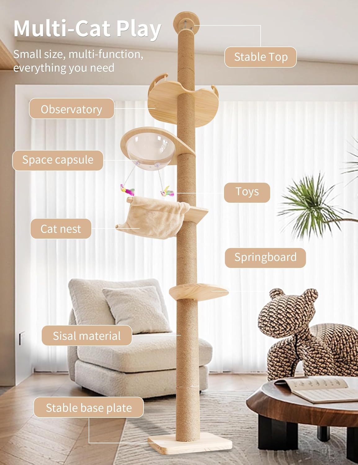 Floor-to-Ceiling Cat Tree with Natural Sisal Rope Scratching Post - Adjustable Height (55-119