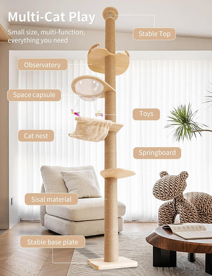 Floor-to-Ceiling Cat Tree with Natural Sisal Rope Scratching Post - Adjustable Height (55-119