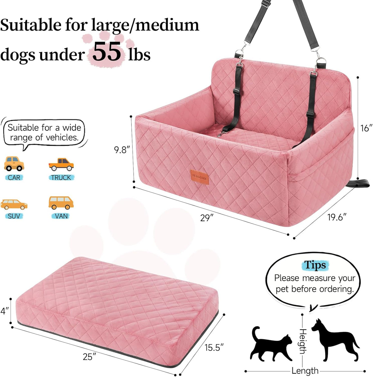 Dog Car Seat for Medium/Large Dogs, Pet Booster Seat for Under 55 lbs or 2 Small Dogs, Detachable &
