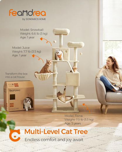 Feandrea Cat Tree, 66.1-Inch Large Cat Tower with 13 Scratching Posts, 2 Perches, 2 Caves, Basket