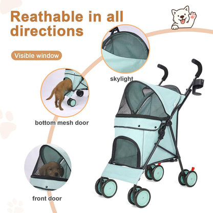 Umbrella Dog Stroller, 4 Wheels Pet Strolling, Foldable Carrier Pet Stroller for Small Dogs Cats