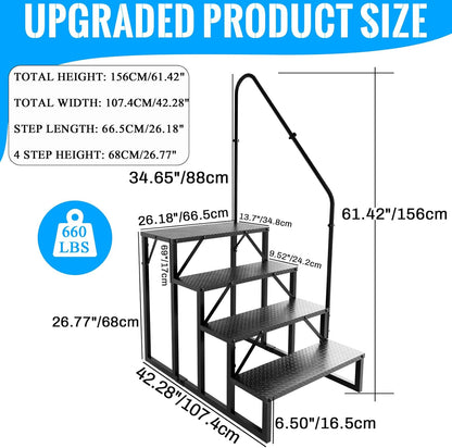 RV Stairs 4 Step Ladder, RV Steps Anti-Slip, Hot Tub Steps with Handrail, 660 lbs RV Ladder for 5th