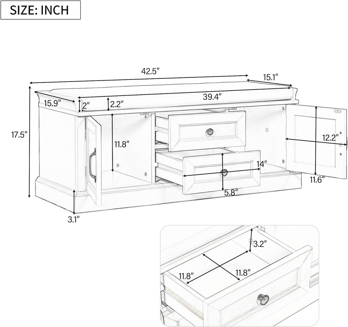Storage Bench with 2 Drawers and 2 Cabinets, Pine Wood Shoe Bench with Removable Cushion for Living