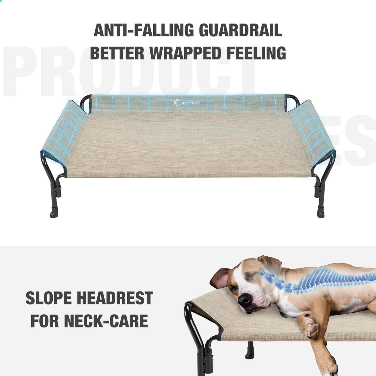 Veehoo Cooling Elevated Dog Bed, XL Raised Pet Cot with Guardrail & Slope Headrest, Durable