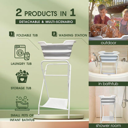 CYGNE 2-in-1 Dog Bathtub & Washing Station, Elevated Collapsible Bathtub with Drainhole & Storage