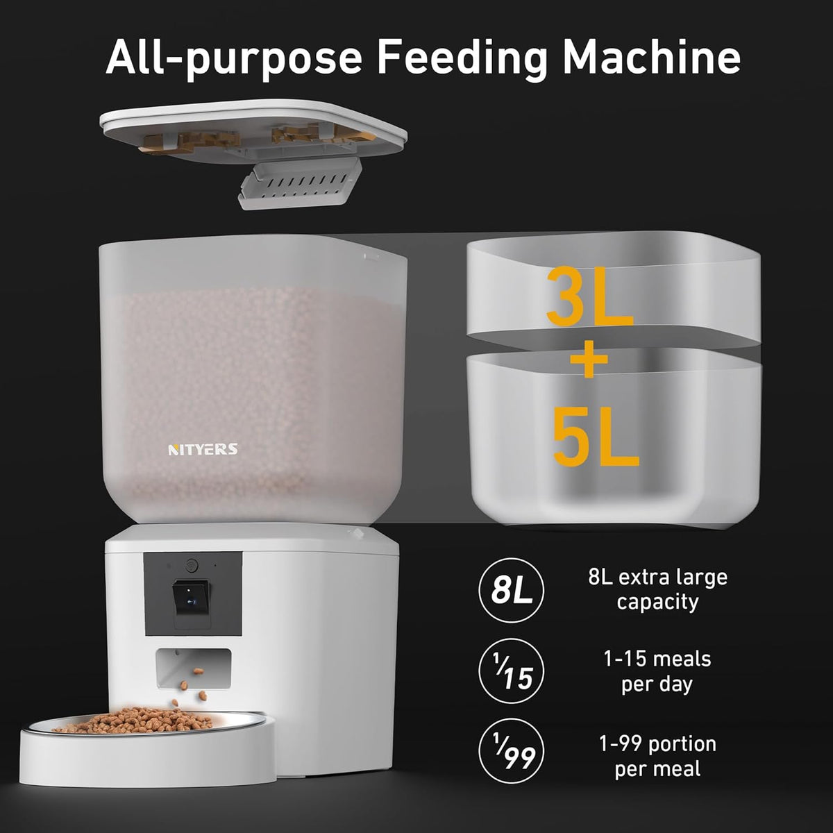 Automatic Dog & Cat Feeder with Camera & WiFi – 8L/34 Cups, 1080P Night Vision, 2.4 & 5G WiFi