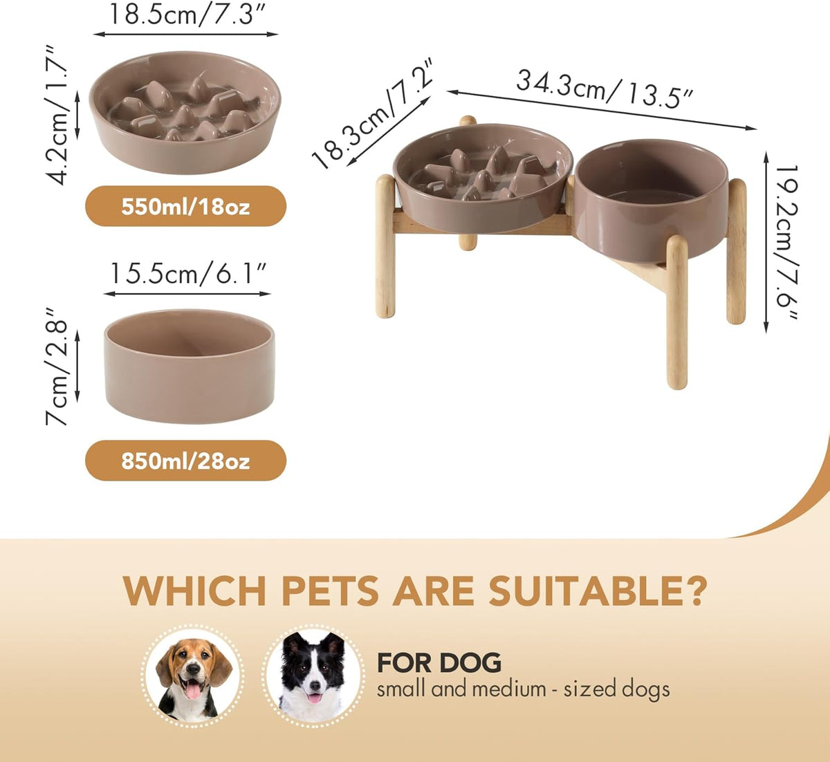 Ceramic Raised Slow Feeder Dog Bowl Set, Elevated 6.1inch Bowl and 7.3inch Slow Pet Food Dish with