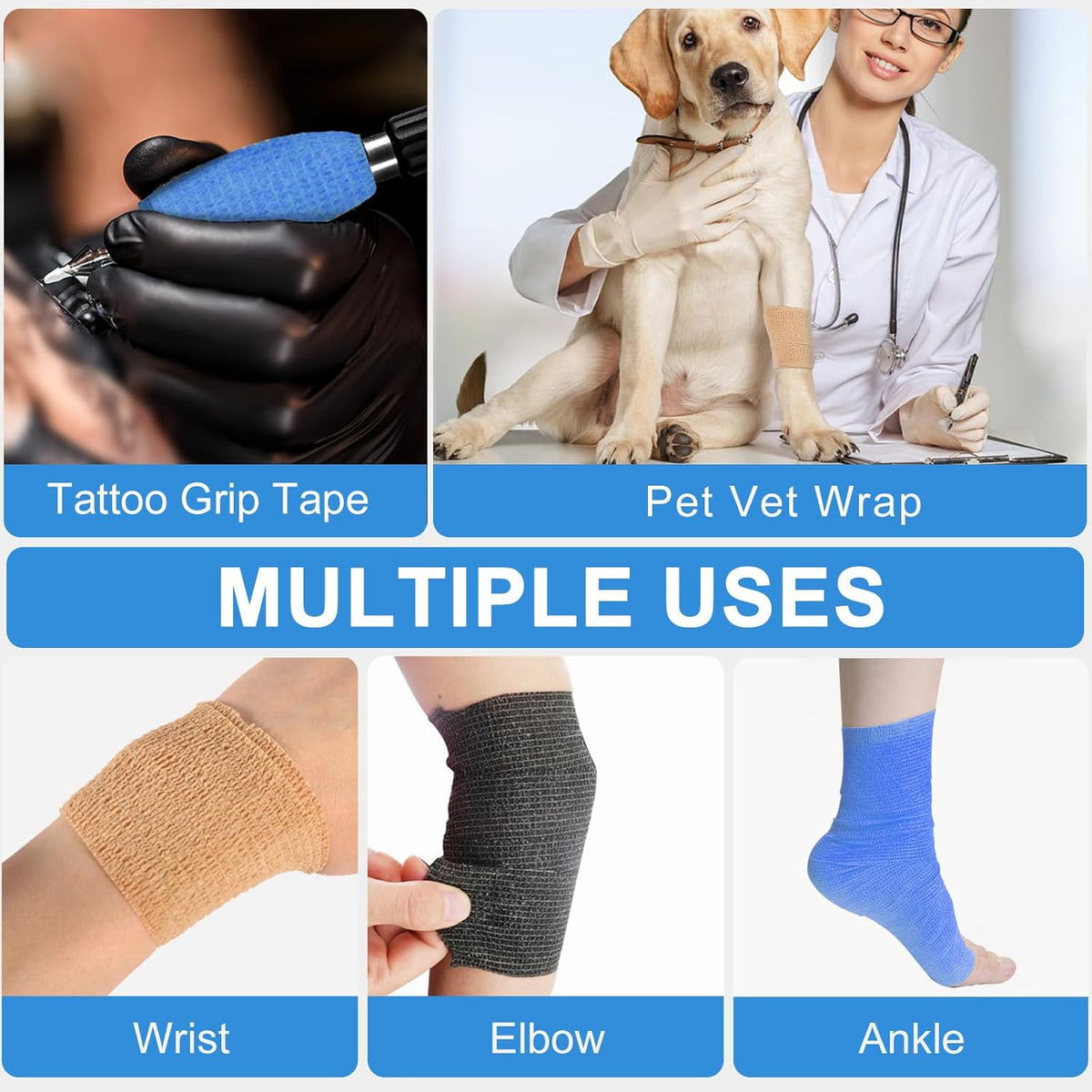 24 Pack Self Adherent Cohesive Wrap Bandages, 2” x 5 Yards Blue Athletic Tape, Medical Tape, Vet