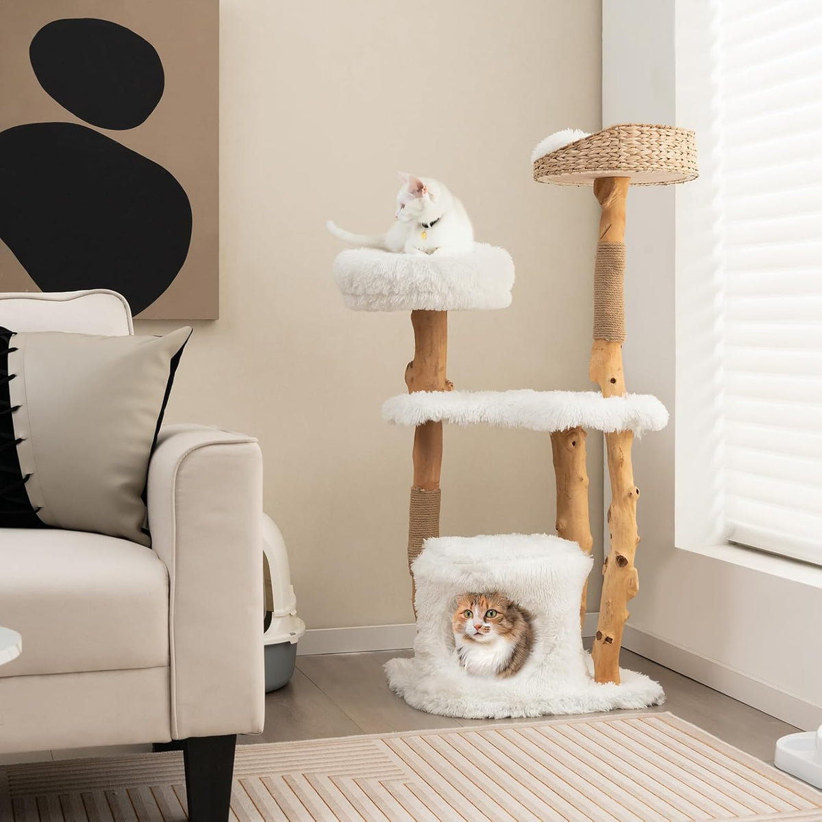 Tangkula Cat Tree Tower, Solid Wood Modern Cat Tower with Top Cattail Basket Bed, Side Perch, Large