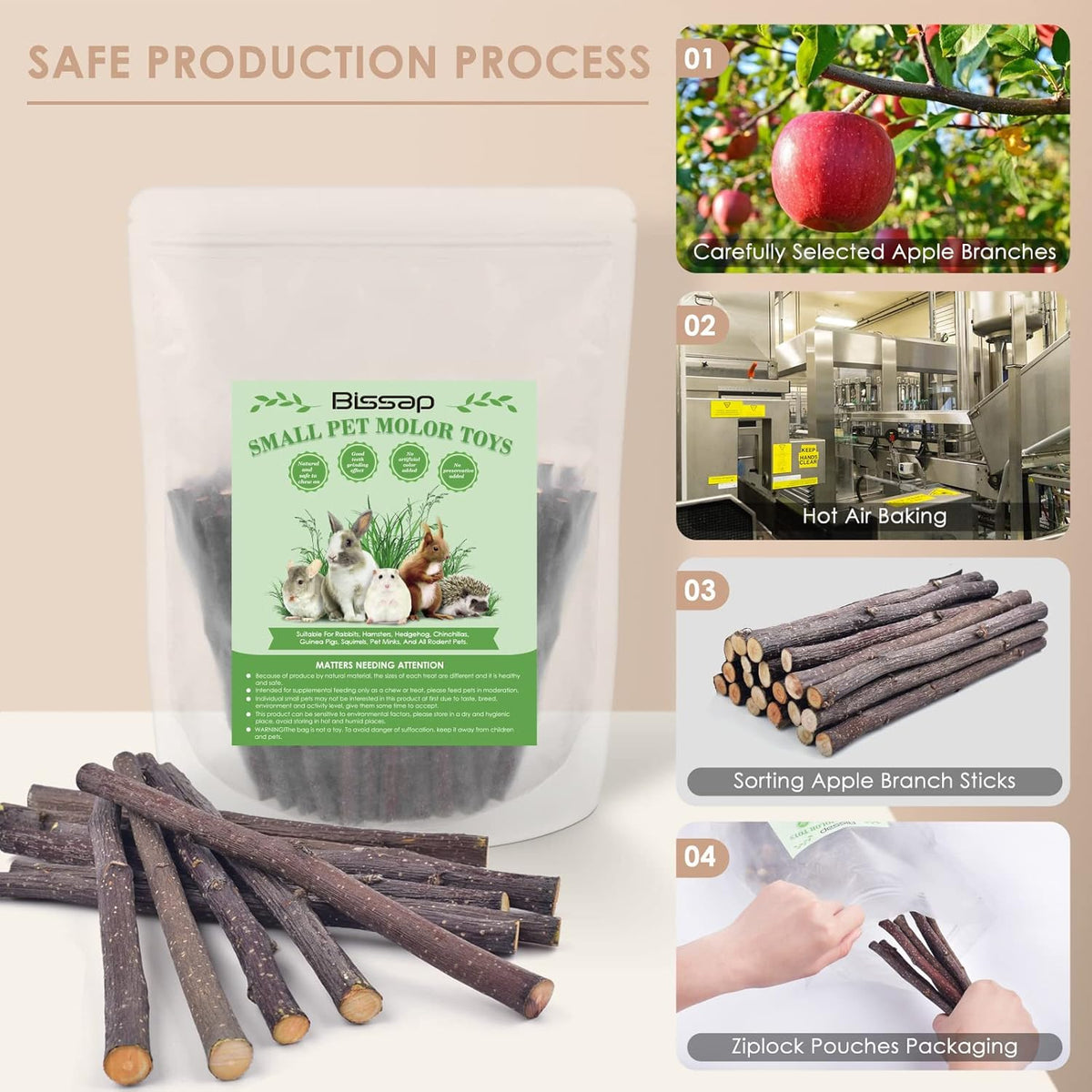 Bissap 120g/4.2oz Apple Sticks for Rabbits, Natural Bunny Chew Toys and Treats for Chinchilla