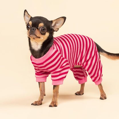 Fitwarm Pink and Red Striped Dog Pajamas, Waffle Dog Clothes for Small Dogs Girl Boy, Puppy Onesie