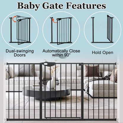WAOWAO Triple Lock Baby Gate Extra Wide 81.49-86.22" Pressure Mounted Walk Through Swing Auto Close