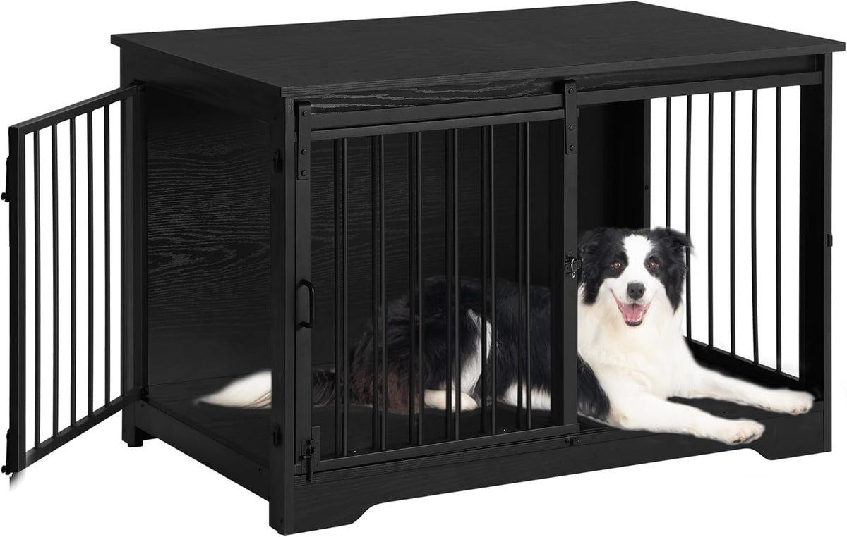 39.3" Dog Crate Furniture with Barn Door, Heavy Duty Dog Kennel Indoor with 2 Doors, Wooden Pet