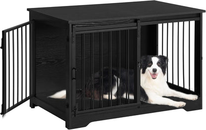39.3" Dog Crate Furniture with Barn Door, Heavy Duty Dog Kennel Indoor with 2 Doors, Wooden Pet