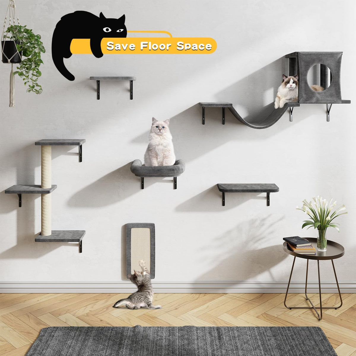 NUNU LAB Wall Mounted Cat Furniture, 6 Pcs Cat Wall Shelves with Condo House, Bridge, Steps