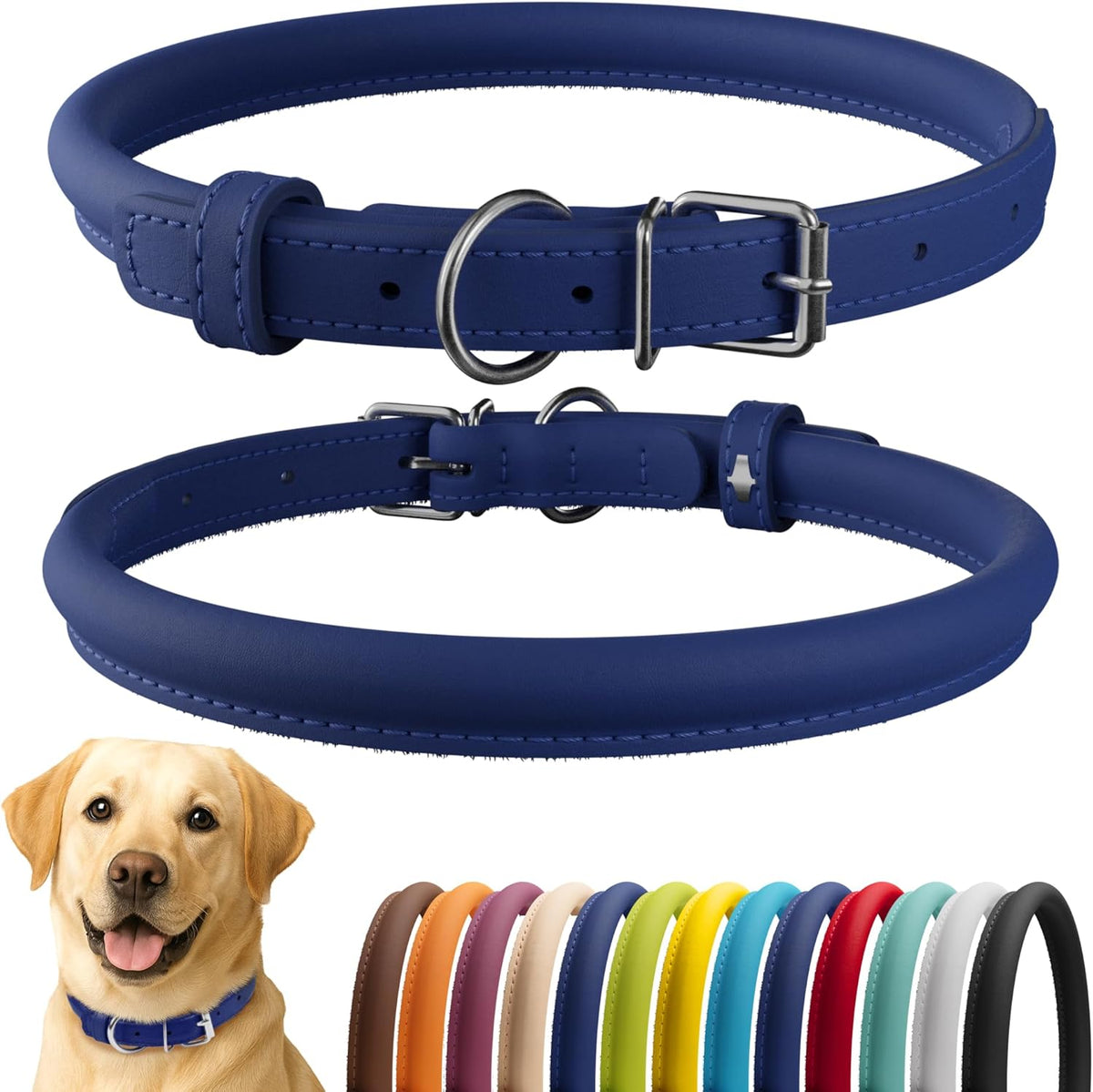CollarDirect Rolled Leather Dog Collar, Soft Padded Round Puppy Collar, Handmade Genuine Leather