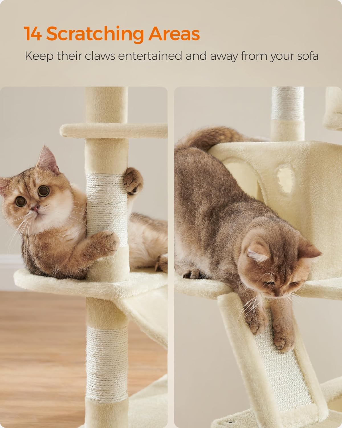Feandrea Cat Tree, 66.1-Inch Large Cat Tower with 13 Scratching Posts, 2 Perches, 2 Caves, Basket