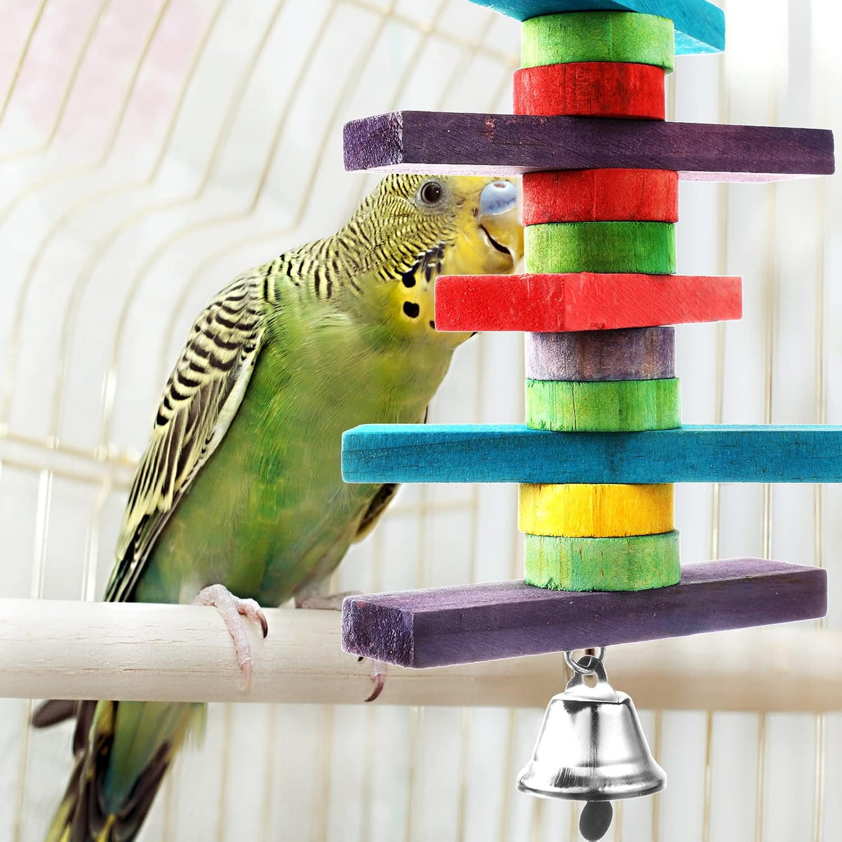 JaGely 4 Pcs Bird Parrot Toys with Multicolored Natural Wood Blocks, Bird Chew Toys for Large