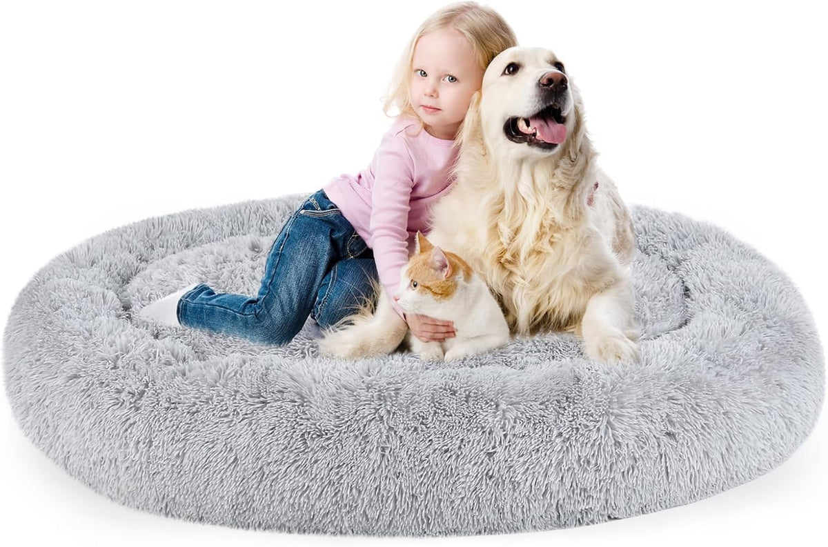 Dog Bed, Cat Calming Bed, Faux Fur Pillow Pet Donut Cuddler Round Plush Bed for Large Medium Small