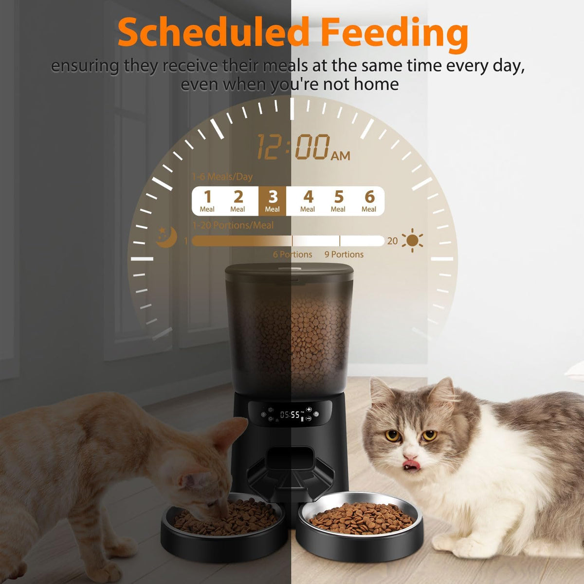 Automatic Cat Feeders for Two Cats, 5L/20 Cups Double Automatic Cat Food Dispenser with 2 Stainless