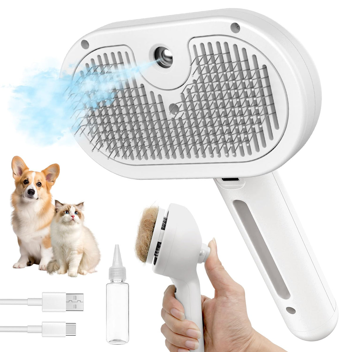 3 In 1 Self Cleaning Steamy Pet Brush - Anti-Static, Grooming Tool for Long and Short Hair Pets