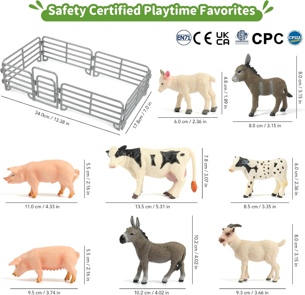 Farm Animal Toys, Realistic Farm Animal Figurines and Fence Playset, Includes Cow Pig Donkey Goat