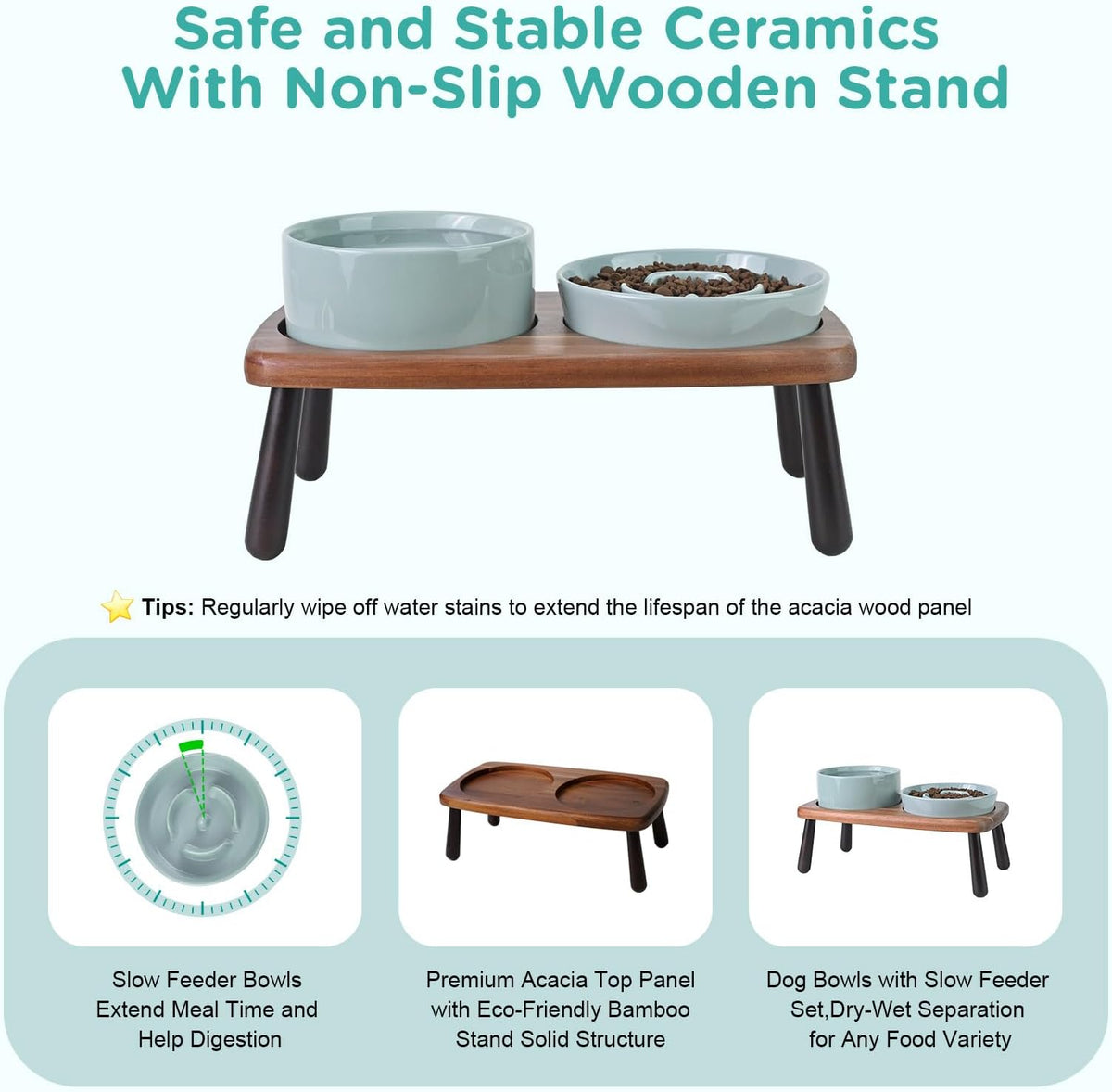 SPUNKYJUNKY Ceramic Elevated Dog Bowls with Slow Feeder Raised with Acacia Bamboo Wooden Stand