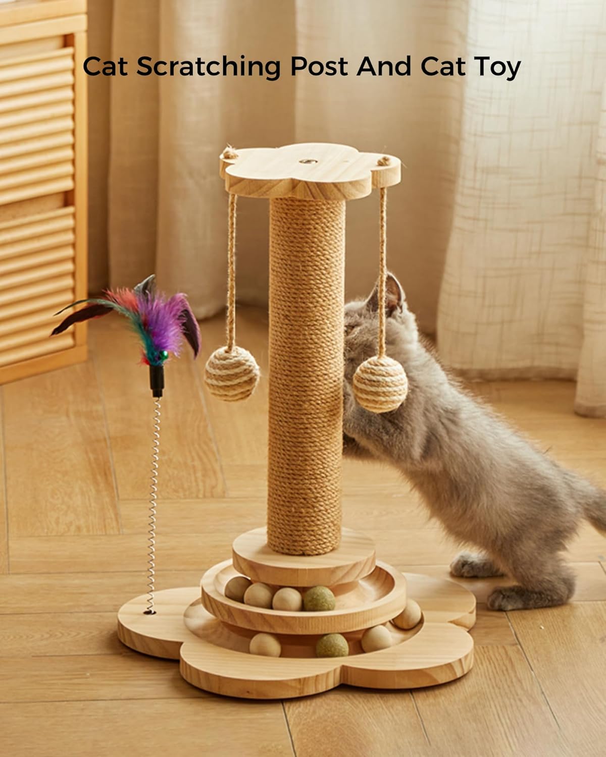 Cat Scratching Post, 4 in 1 Wooden Cat Scratcher Toy, 17.7" Tall Scratch Post with 2 Level Cat