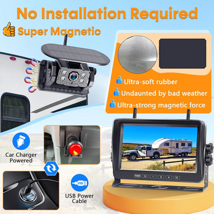 Dual RV Backup Camera Wireless with Magnetic - Recording 1080P HD Solar Rear View Camera