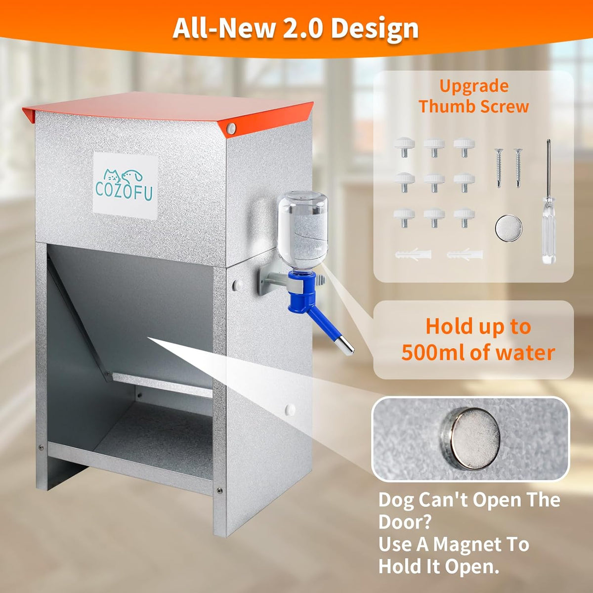 Automatic Gravity-Fed Dog Feeder with Water Bowl - Galvanized Steel Indoor/Outdoor Pet Food Station