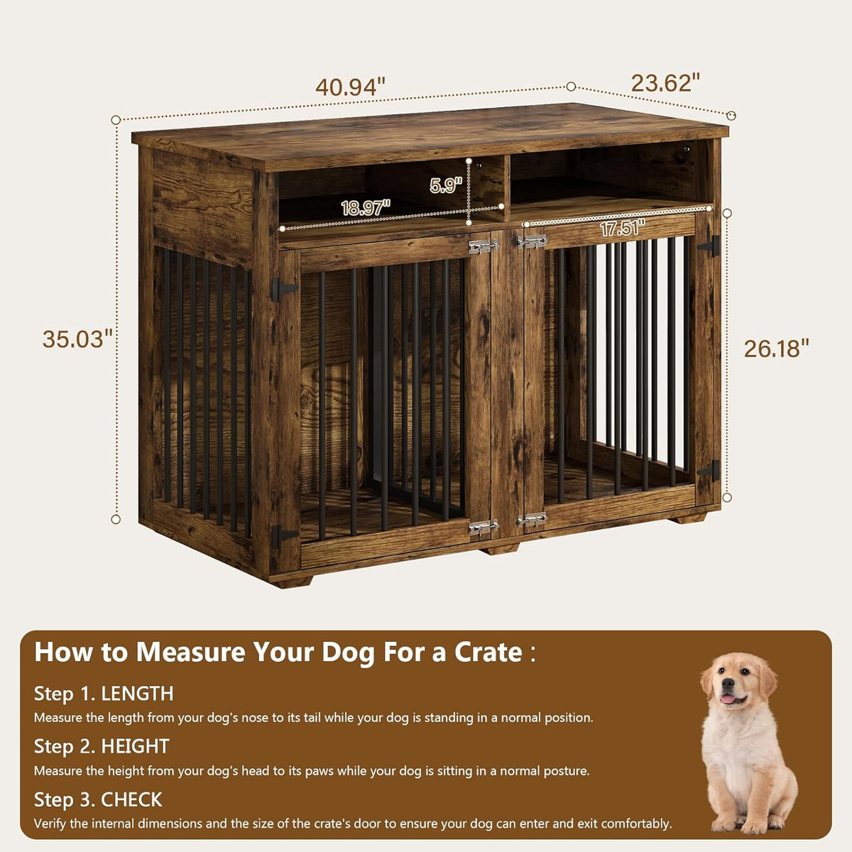 Furniture Dog Crate for 2 Dogs, 41 Inch Dog Kennel Furniture with Removable Divider and Shelf