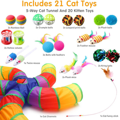 Poen 21 Pcs Cat Tunnel for Indoor Set Collapsible 5 Way Tubes with 20 Pcs Cat Kitten Toys