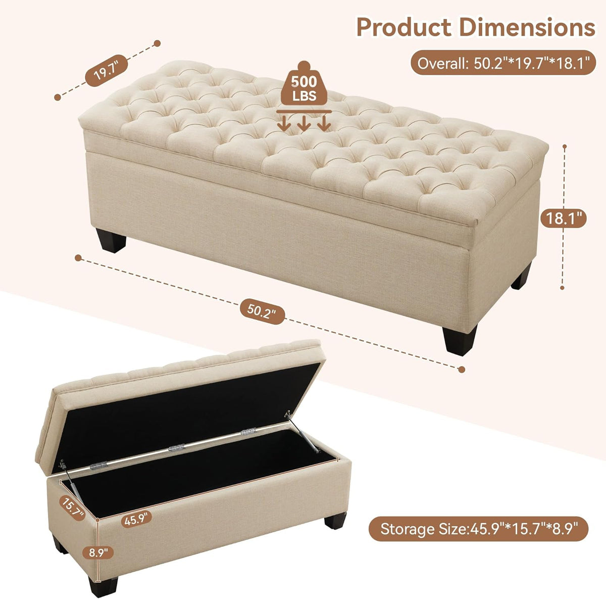 51" Fabric Storage Ottoman Bench, Upholstered Rectangle End of Bed Storage Ottoman Tufted Living