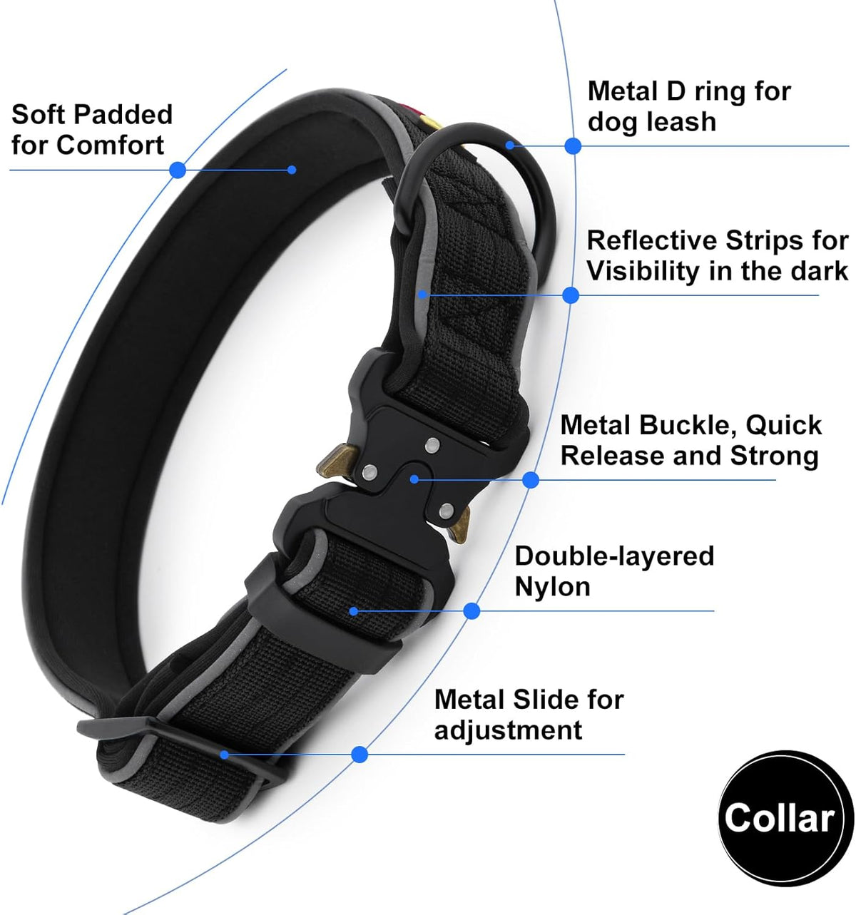 Plutus Pet Tactical Dog Collar, Reflective, Adjustable Heavy Duty Dog Collar, Soft Padded and