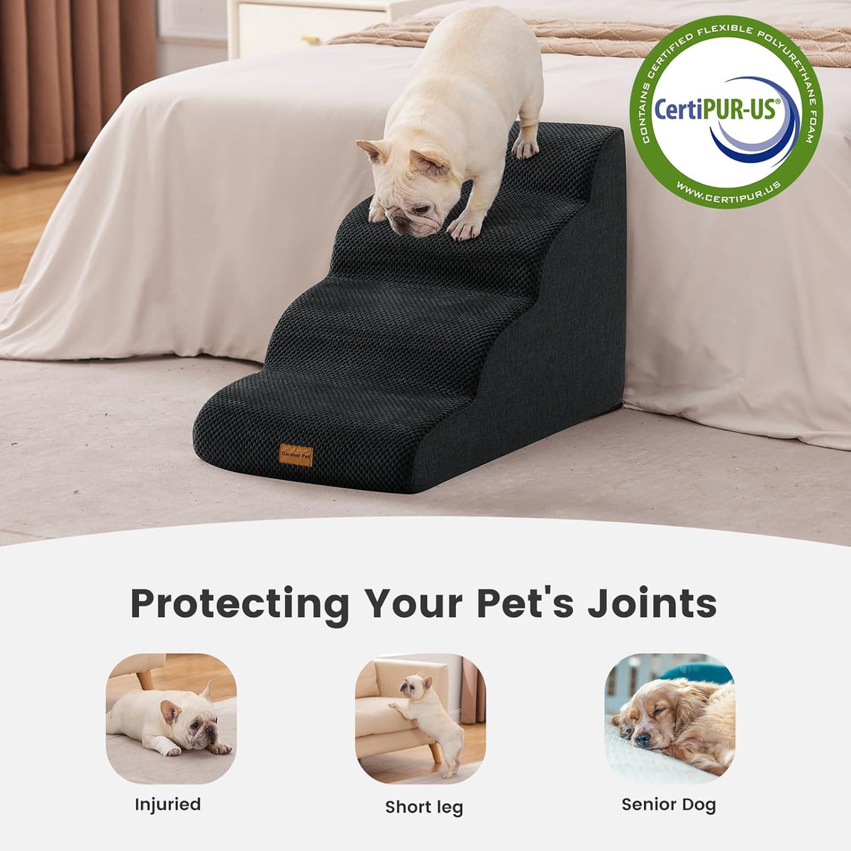 Gardner Pet Dog Stairs for Small Dogs 19.7" H, 4-Step Black Curved Pet Stairs, Dog Steps for High