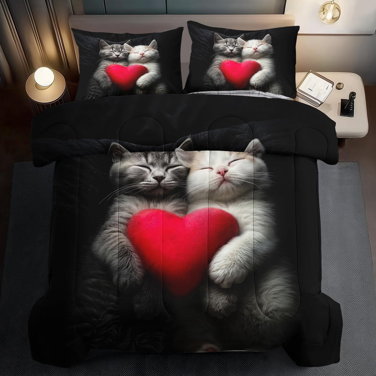 Cute Cat Comforter Set King,Kawaii Cat Bedding Set for Girls,Cute Animal Comforter Red Love Heart