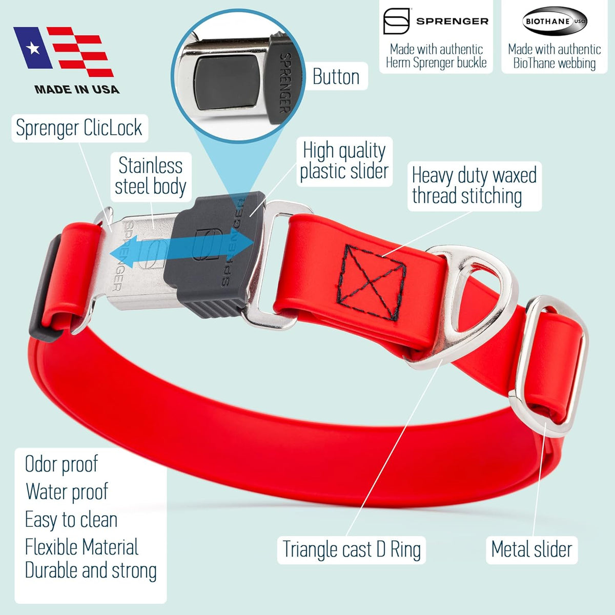 Dogline Biothane Waterproof Dog Collar with Herm Sprenger Stainless Steel Quick Release Buckle